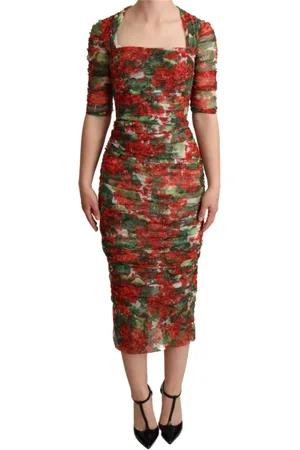 Dolce & Gabbana Midi Dresses, female, , 3XS, Red Floral Print Sheath Midi Dress