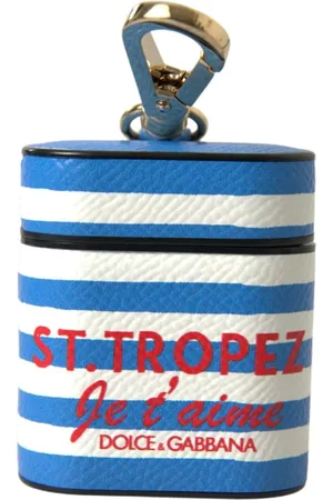 Dolce & Gabbana Blue Stripe Dauphine Leather Logo Print Airpod Case