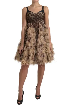 Dolce & Gabbana Party Dresses, female, , XS, Sleeveless Leopard Chiffon Ostrich-Feather Dress