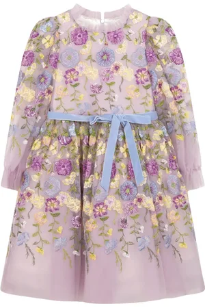 Marchesa Notte Dresses, female, , 12 Y, Flower Embroidered Tulle Gown in Multicolour