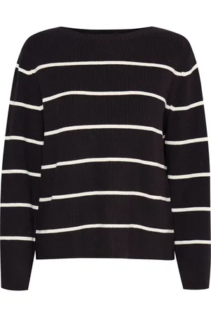 Ichi Round-neck Knitwear, female, , XL, Striped Knit Jumper Meteorite Almond Milk