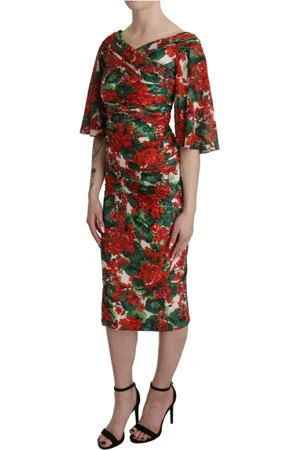 Dolce & Gabbana Midi Dresses, female, , 2XS, Floral Midi Dress with Red Flowers