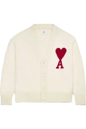 Ami Cream White Wool Cardigan with Logo Print