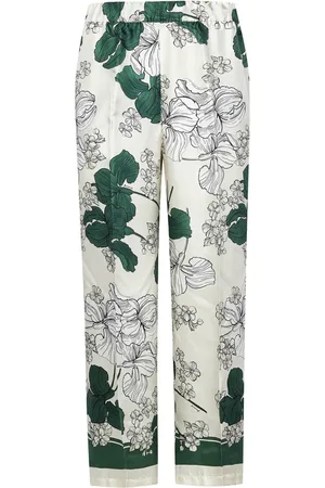 P.A.R.O.S.H. Straight Trousers, female, , XS, Green Flower-Print Silk Satin Trousers