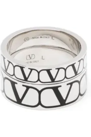 VALENTINO GARAVANI Rings, male, , L, D-shaped Logo Engraved Silver Ring Set
