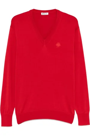 Bally V-neck Knitwear, male, , M, Crimson V-Neck Jumper with Ribbed Details