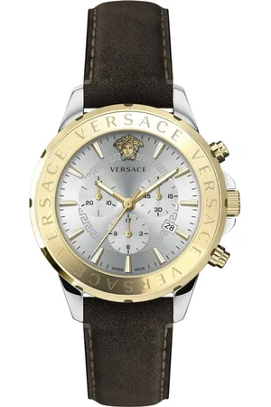 VERSACE Watches, male, , ONE SIZE, Chrono Signature Leather Silver Gold Watch