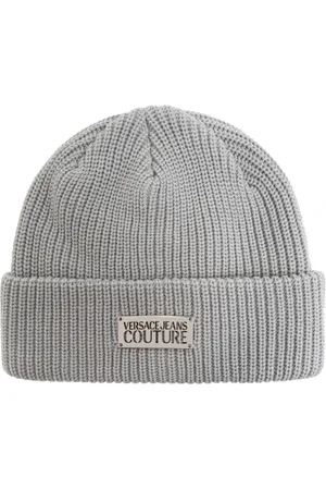 VERSACE Beanies, male, , ONE SIZE, Grey Logo Plaque Beanie Hat