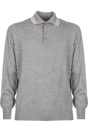 Brunello Cucinelli Long Sleeve Tops, male, , M, Knitted Polo in Grey Wool-Cashmere Blend