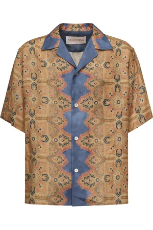 VALENTINO GARAVANI Short Sleeve Shirts, male, , XL, Red Linen Bowling Shirt Voyage Imaginaire