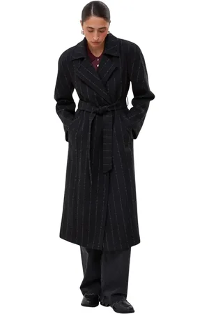 Estro Long Pinstripe Belted Coat