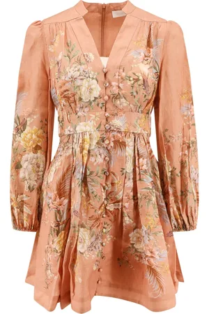 ZIMMERMANN Floral Print Linen Dress with Balloon Sleeves