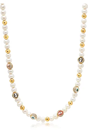 Nialaya Necklaces, male, , S, Evil Eye Pearl Choker