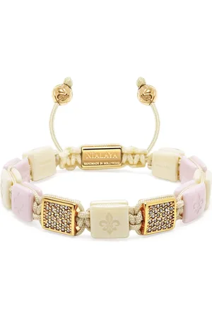 Nialaya Bracelets, female, , XS, Cream & Soft Pink Ceramic Flatbead Bracelet with Gold CZ