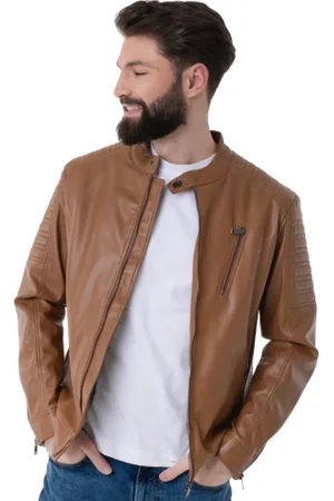 Guess Leather Jackets, male, , M, Camel Leather Biker Jacket