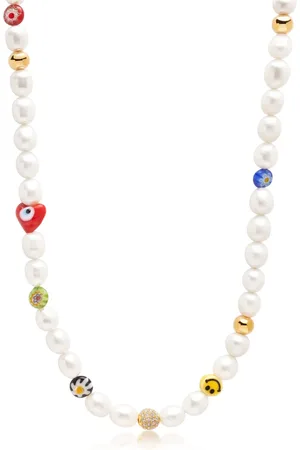 Nialaya Necklaces, male, , S, Smiley Face Pearl Choker with Assorted Beads