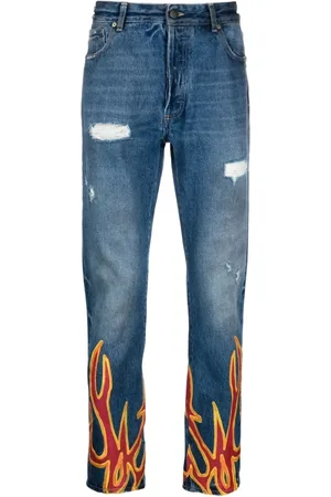 Palm Angels Straight Jeans, male, , W33, Burning Flame-Print Straight-Leg Jeans
