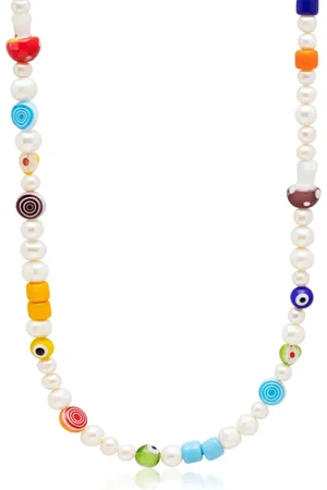 Nialaya Necklaces, male, , S, Pearl Choker with Playful Glass Beads