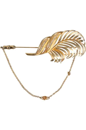 Dolce & Gabbana Brooches, female, , ONE SIZE, Gold Leaf Crystal Chain Brooch