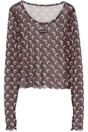 Marine Serre Long Sleeve Tops, female, , S, Moon Print Mesh Top