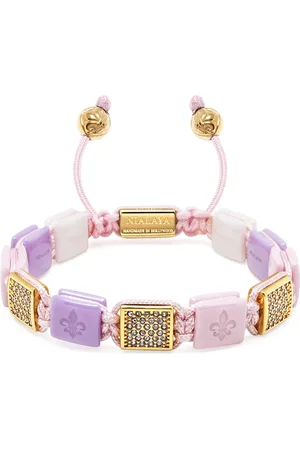 Nialaya White, Lavender & Soft Pink Ceramic Flatbead Bracelet with Gold CZ