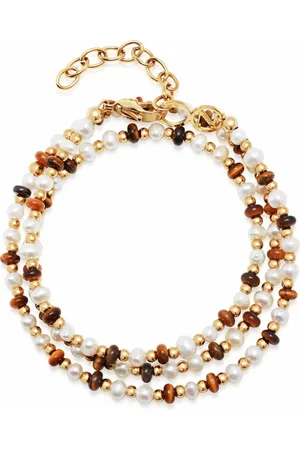 Nialaya Bracelets, male, , XL, Wrap Bracelet with White Pearls, Brown Tiger Eye, and Gold