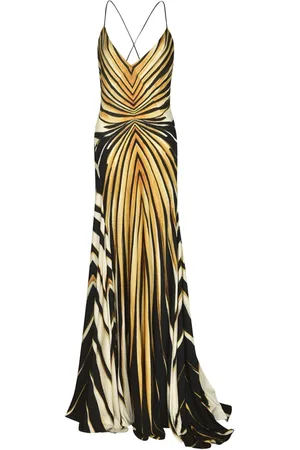 Roberto Cavalli Party Dresses, female, , S, Ray Of Gold Print Long Dress with Deep V-neck
