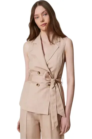 Twin-Set Vests, female, , M, Linen Blend Gilet with Coordinated Belt