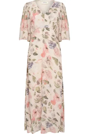 Cream Floral Maxi Dress with Feminine Silhouette