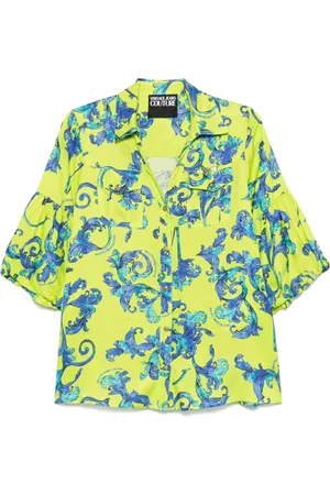 VERSACE Baroque Print Shirt Lime Green V-Neck