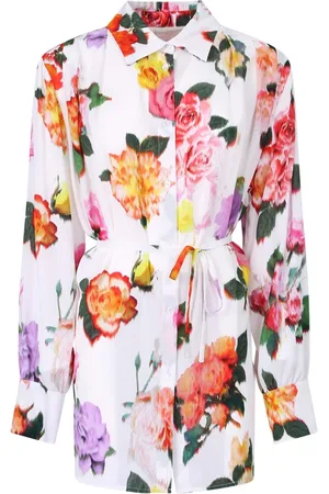 Msgm Relaxed Fit Long Floral Print Shirt With Tie-Up