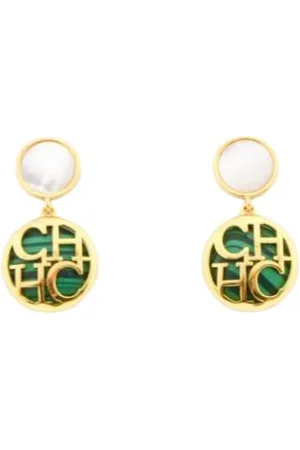 Carolina Herrera Initials Medallion Earrings Green Stone
