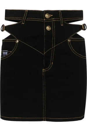 VERSACE Denim Skirts, female, , XS, Denim Skirt with Baroque Buckle