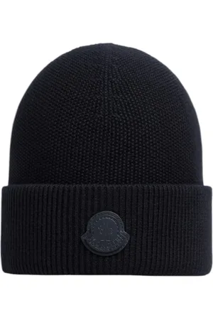 Moncler Beanies, male, , ONE SIZE, Cashmere Blend Leather Logo Beanie Navy