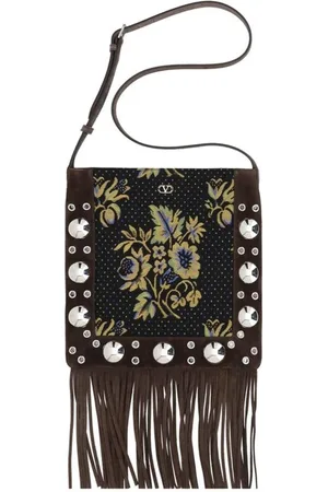 VALENTINO GARAVANI Cross Body Bags, male, , ONE SIZE, Fringe Leather Shoulder Bag with Floral Embroidery