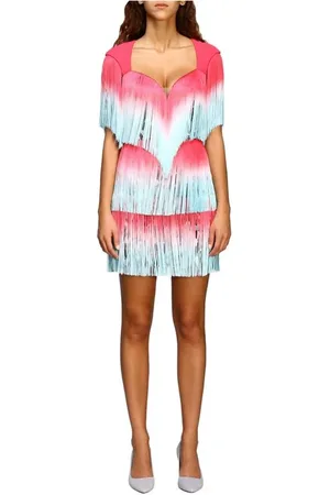 Elisabetta Franchi Party Dresses, female, , S, Elasticized Dress with Fringes