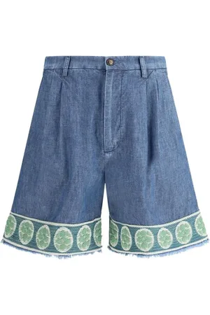 VALENTINO Denim Shorts, male, , S, Embroidered Denim Shorts with Frayed Hemline