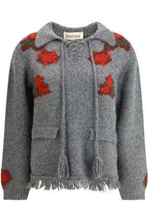 Baziszt Ribbed V-Neck Jumper with Embroidered Embellishments