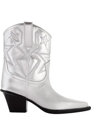PARIS TEXAS Cowboy Boots, female, , 5 UK, Silver Leather Ankle Boots with Star Pattern