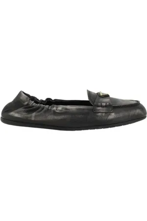 Prada Loafers, female, , 4 1/2 UK, Vintage-Effect Leather Loafers with Logo Plaque