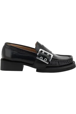 Ganni Block Heel Leather Loafers with Buckle