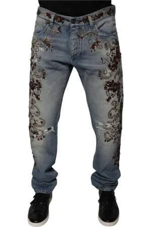 Dolce & Gabbana Straight Jeans, male, , XL, Floral Embroidery Skinny Jeans