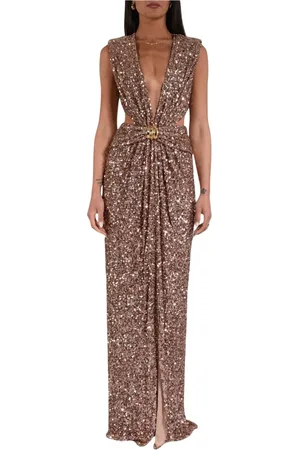 Elisabetta Franchi Gowns, female, , 2XL, Sequin Long Dress with V-Neck