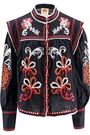 Farm Rio Shirts, female, , M, Black Embroidered Ruffle Long Sleeve Shirt