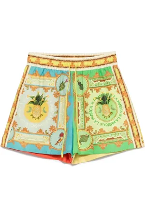 ALÉMAIS Color-Block Linen Shorts with Graphic Print