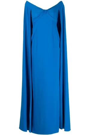 Marchesa Notte Cerulean Off-Shoulder Cape Gown