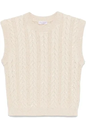 Brunello Cucinelli Round-neck Knitwear, female, , L, Dazzling Double Cable Knitted Cotton Waistcoat