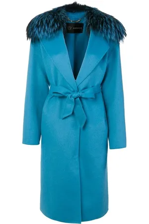 VERSACE Turquoise Fur Trimmed Coat