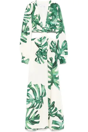 RAQUEL DINIZ Maxi Dresses, female, , XS, White Leaf Print Dress with Cut-Out Detailing