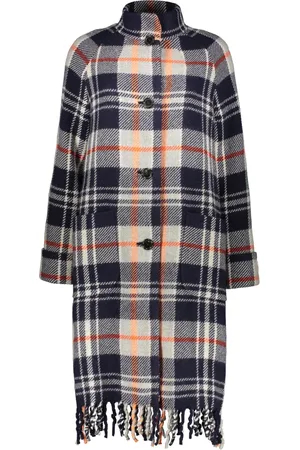 Kenzo Checked Wool Coat with Fringed Hemline